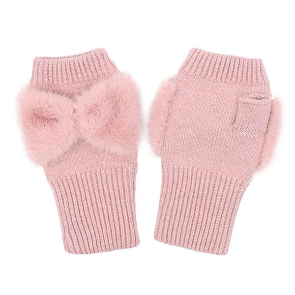 Pink Faux Fur Bow Fingerless Winter Glove