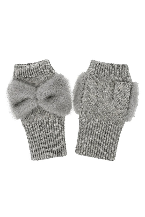 Grey Faux Fur Bow Fingerless Winter Glove