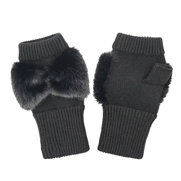 Black Faux Fur Bow Fingerless Winter Glove