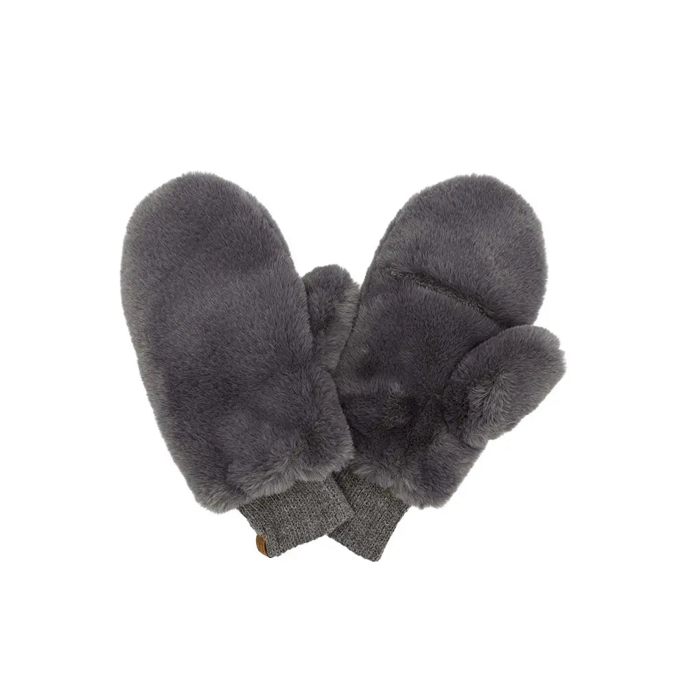 Grey Faux Fur Mittens with Sherpa Lining