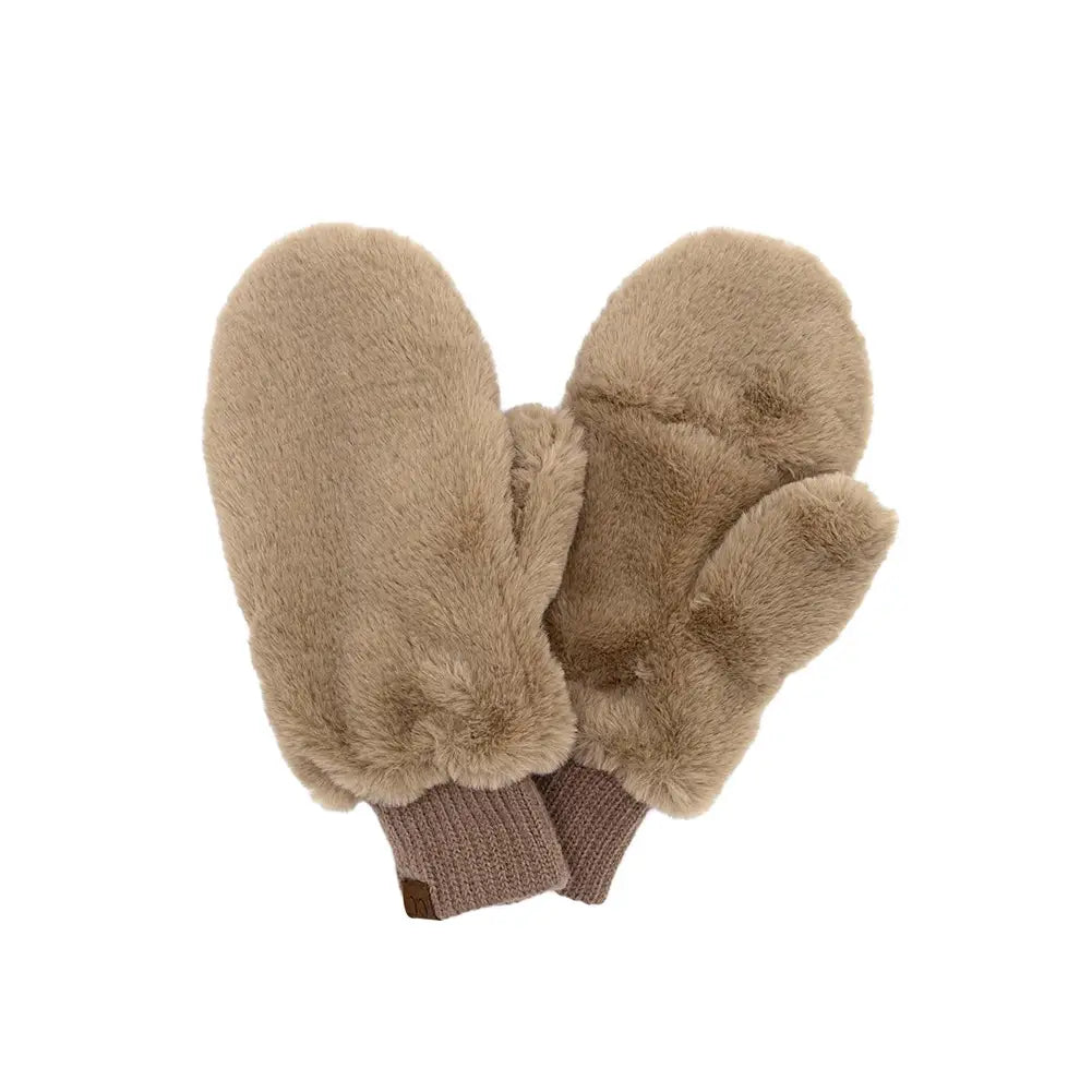 Beige Faux Fur Mittens with Sherpa Lining