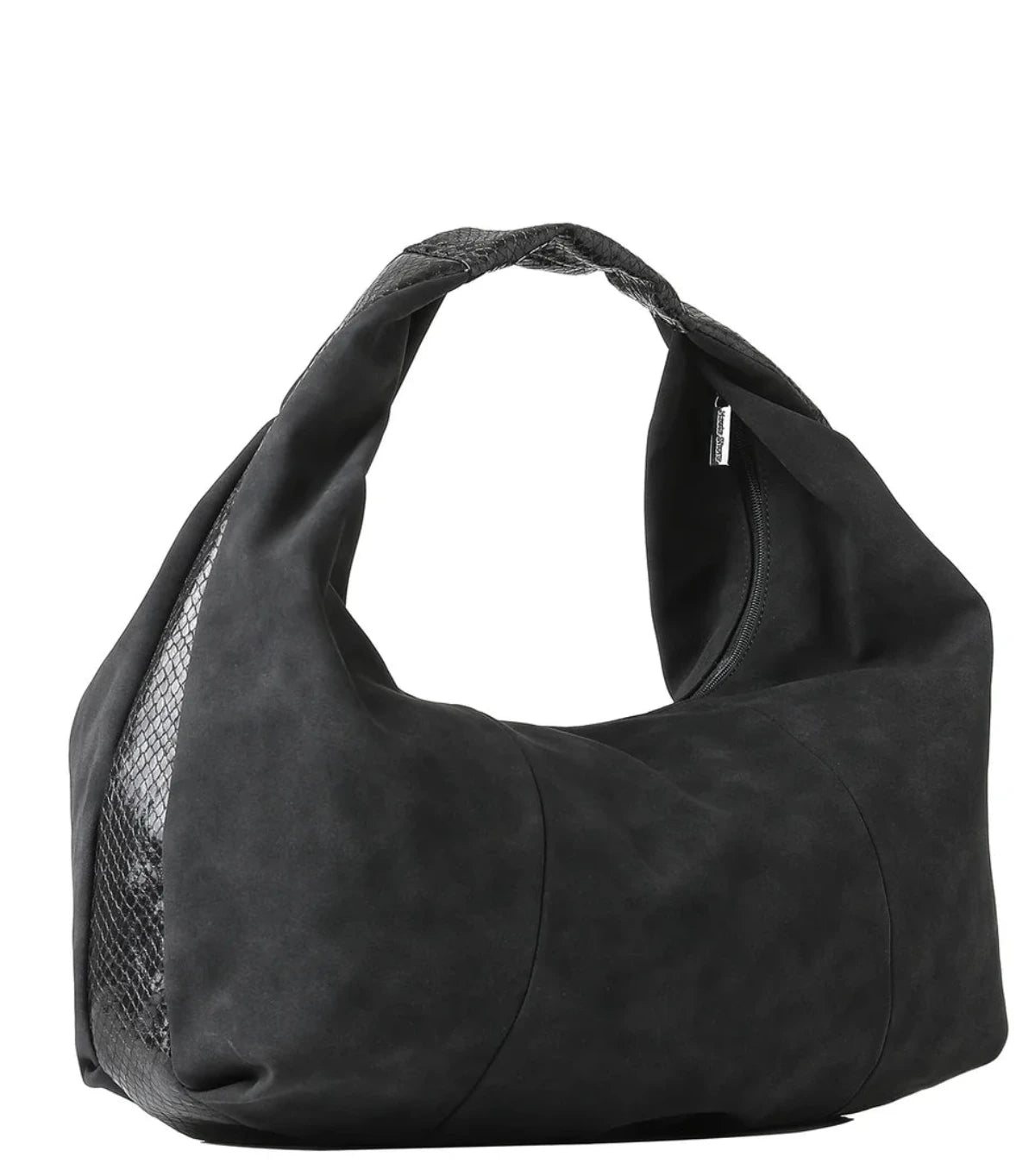 Black suede and python stripe hobo bag