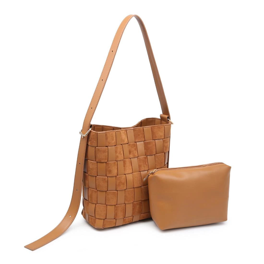 Vegan leather panel bucket bag - tan