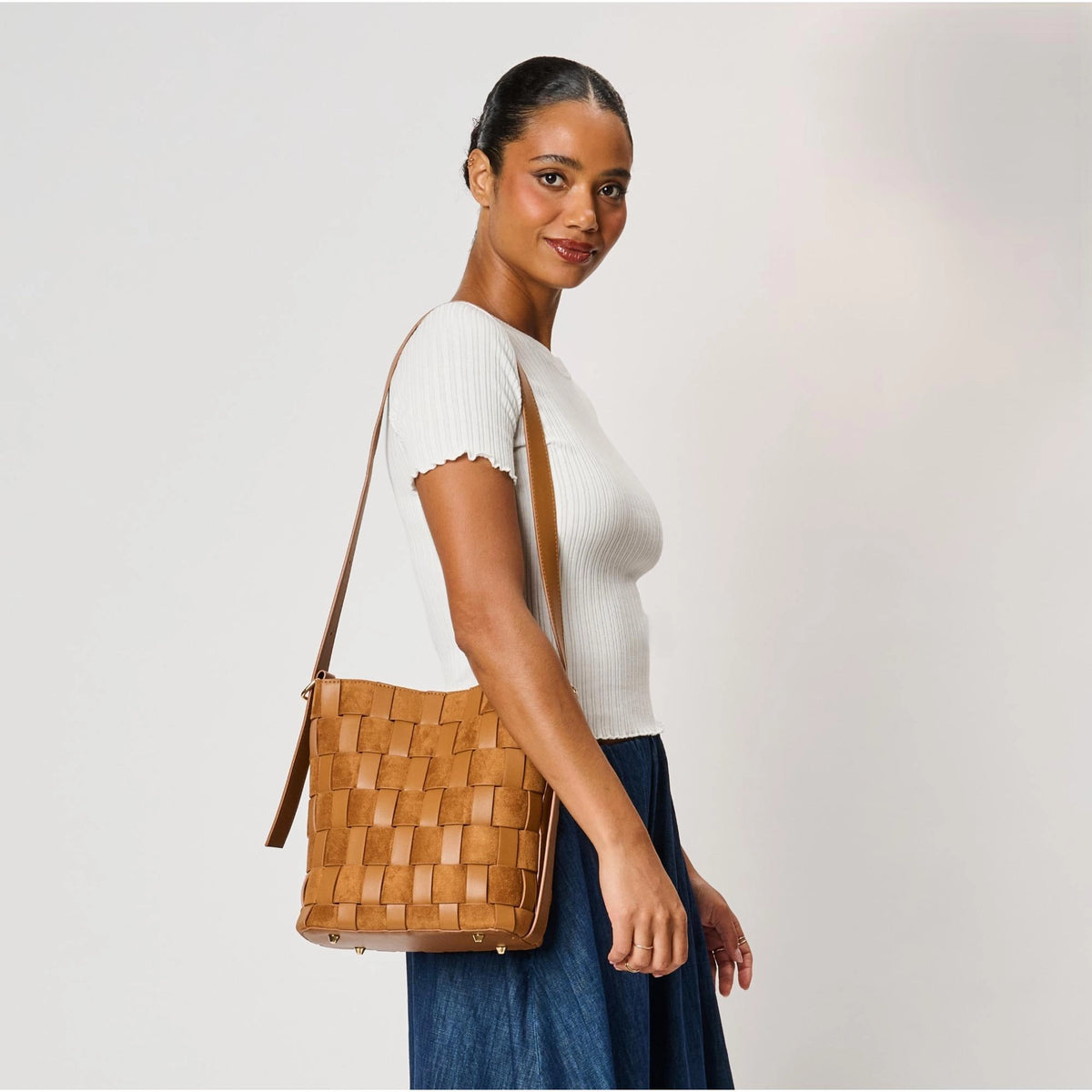 Vegan leather panel bucket bag - tan