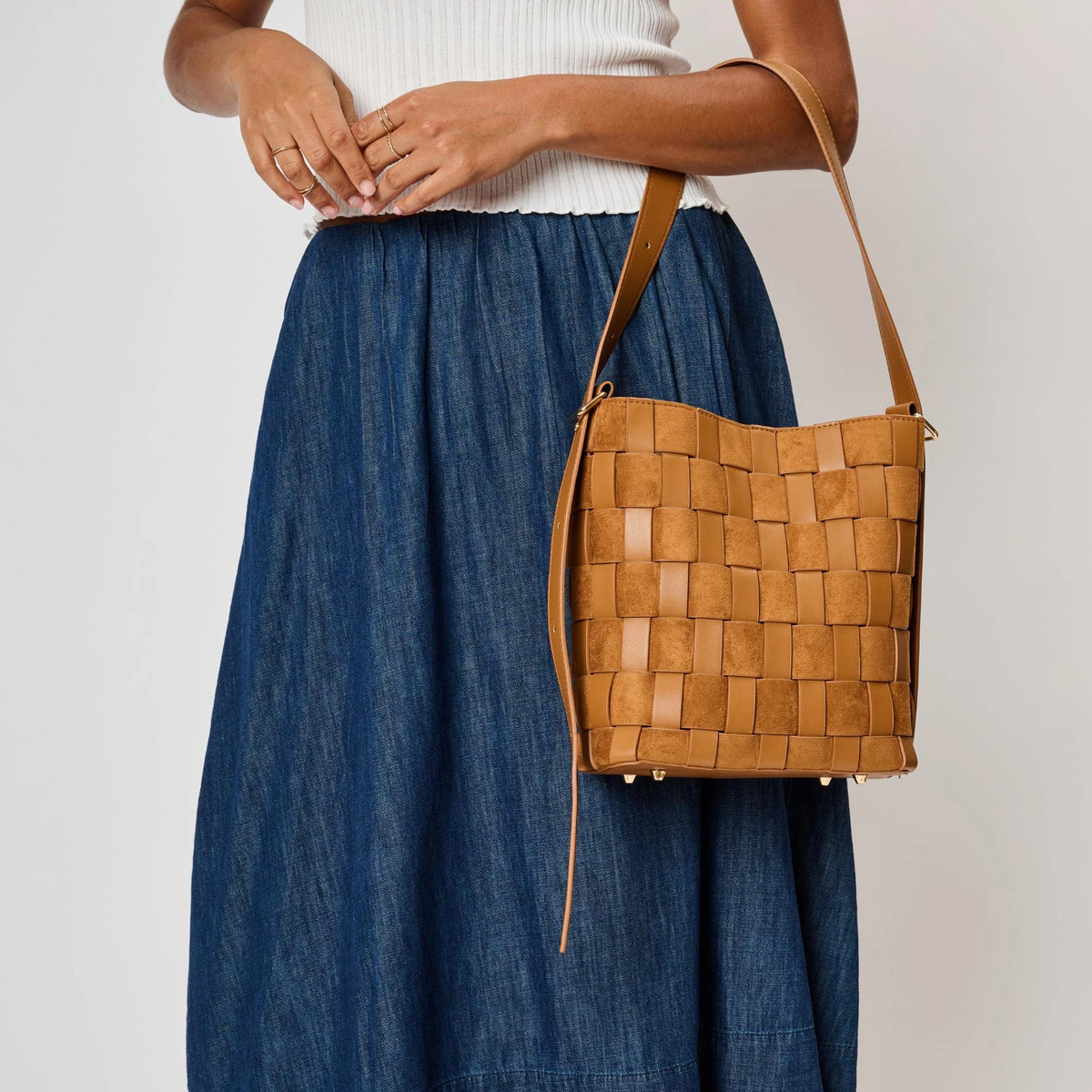 Vegan leather panel bucket bag - tan