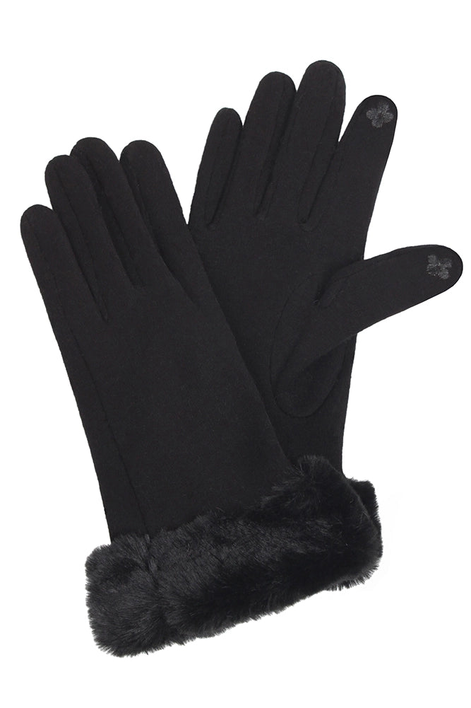 Faux fur accent gloves - black