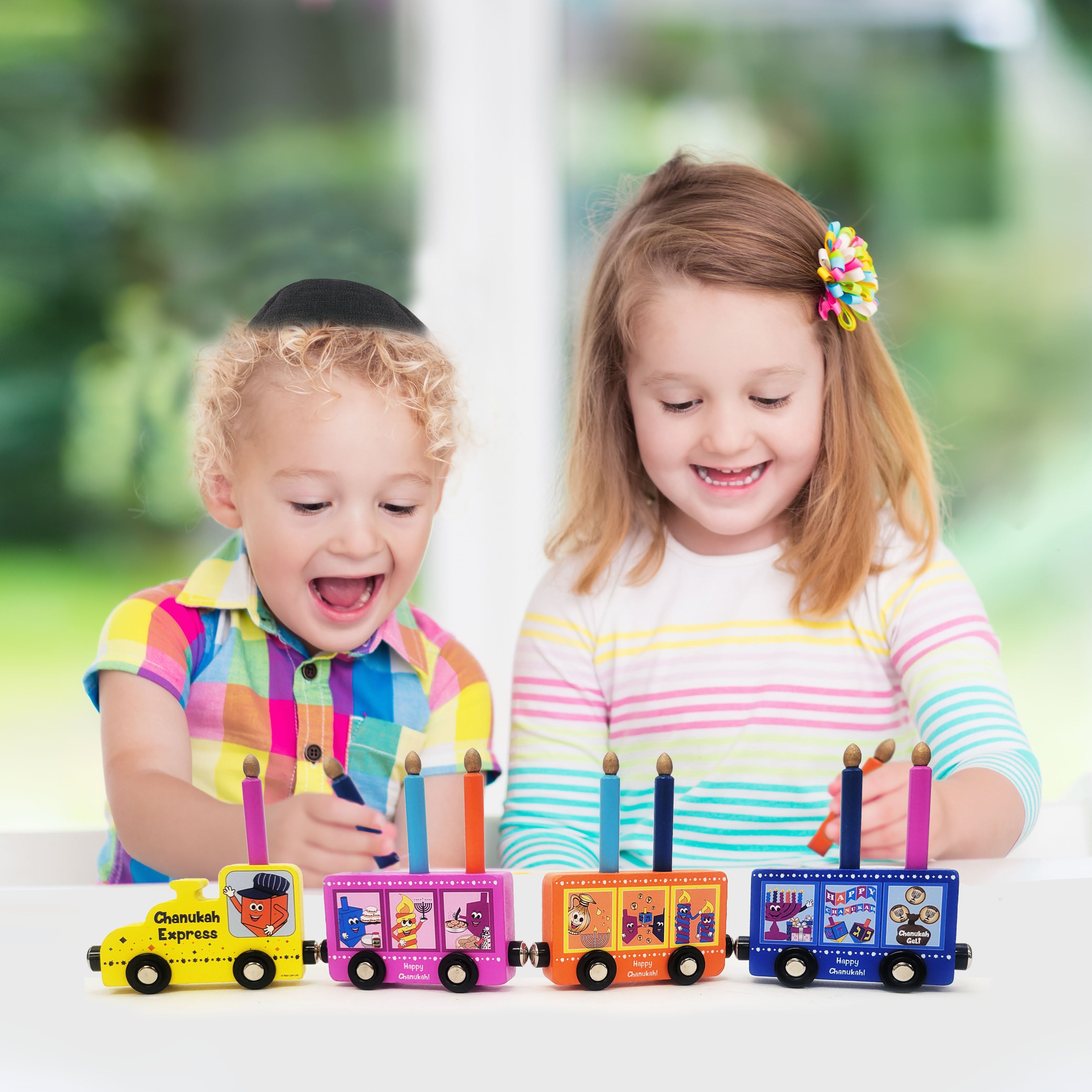 Play wood train menorah with removable candles