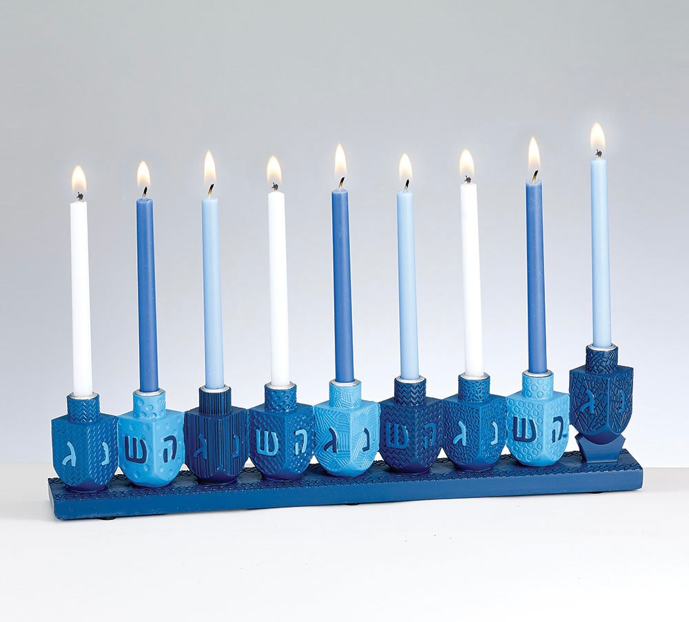 Blue Dreidels Hand-Painted Menorah