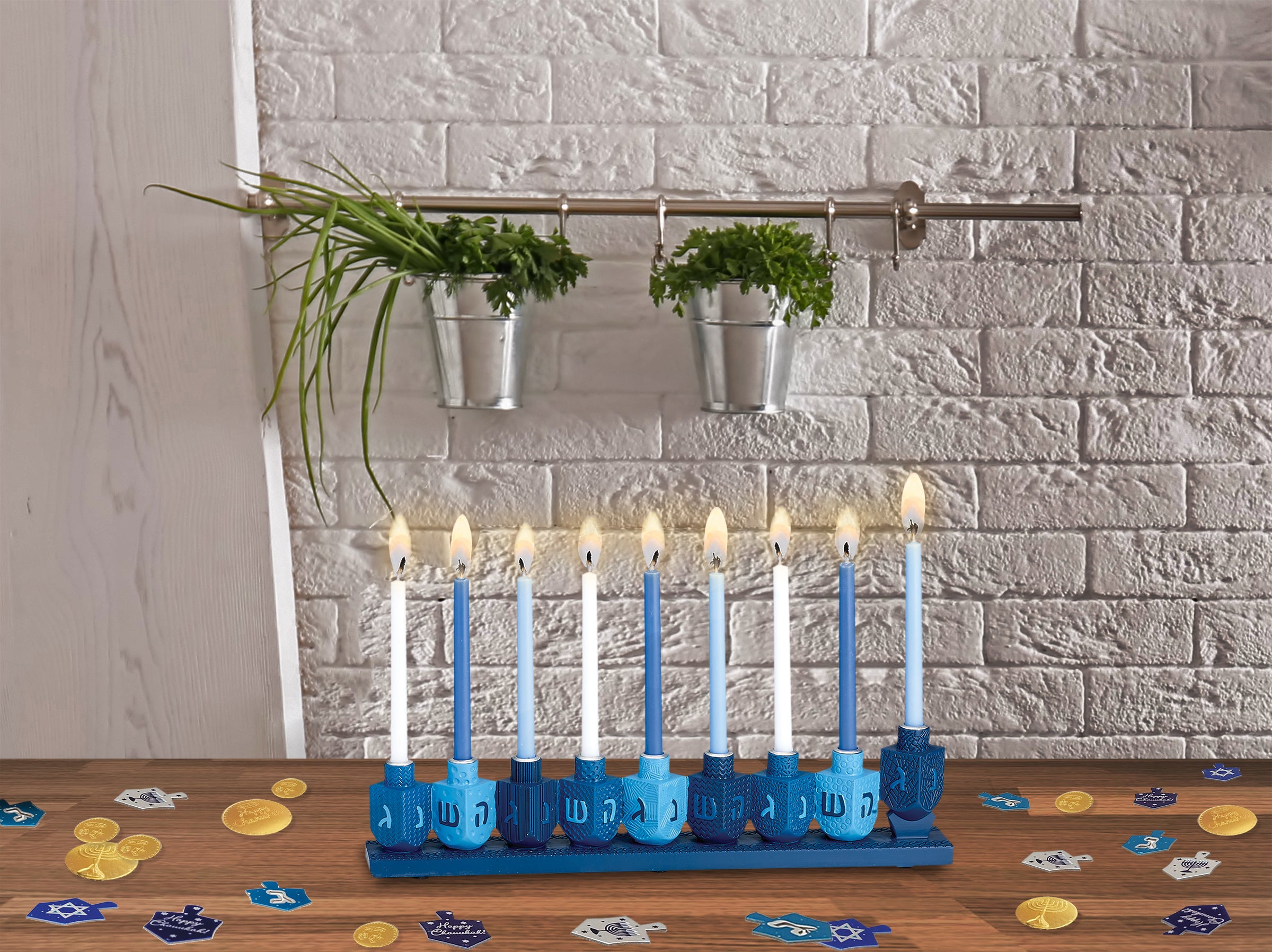 Blue Dreidels Hand-Painted Menorah