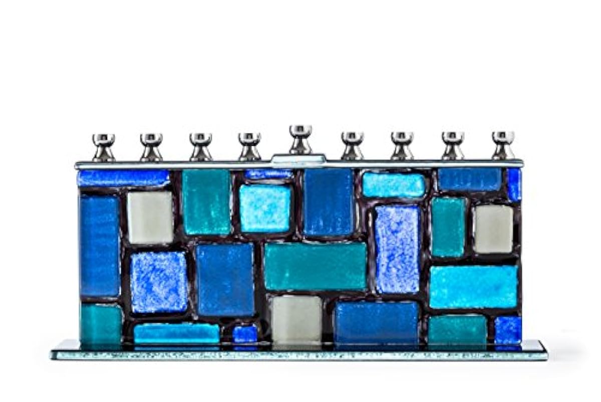 Blue geometric stained glass menorah