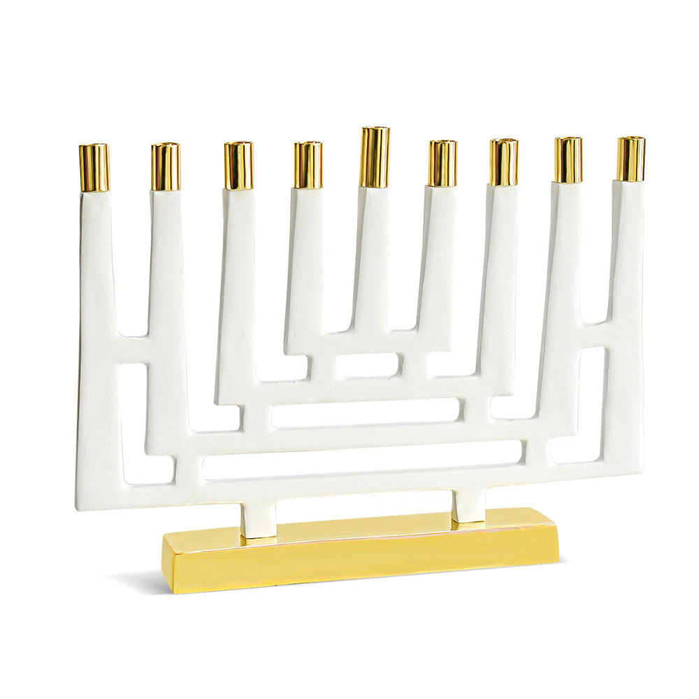 White Enamel With Shiny Brass Maze Menorah