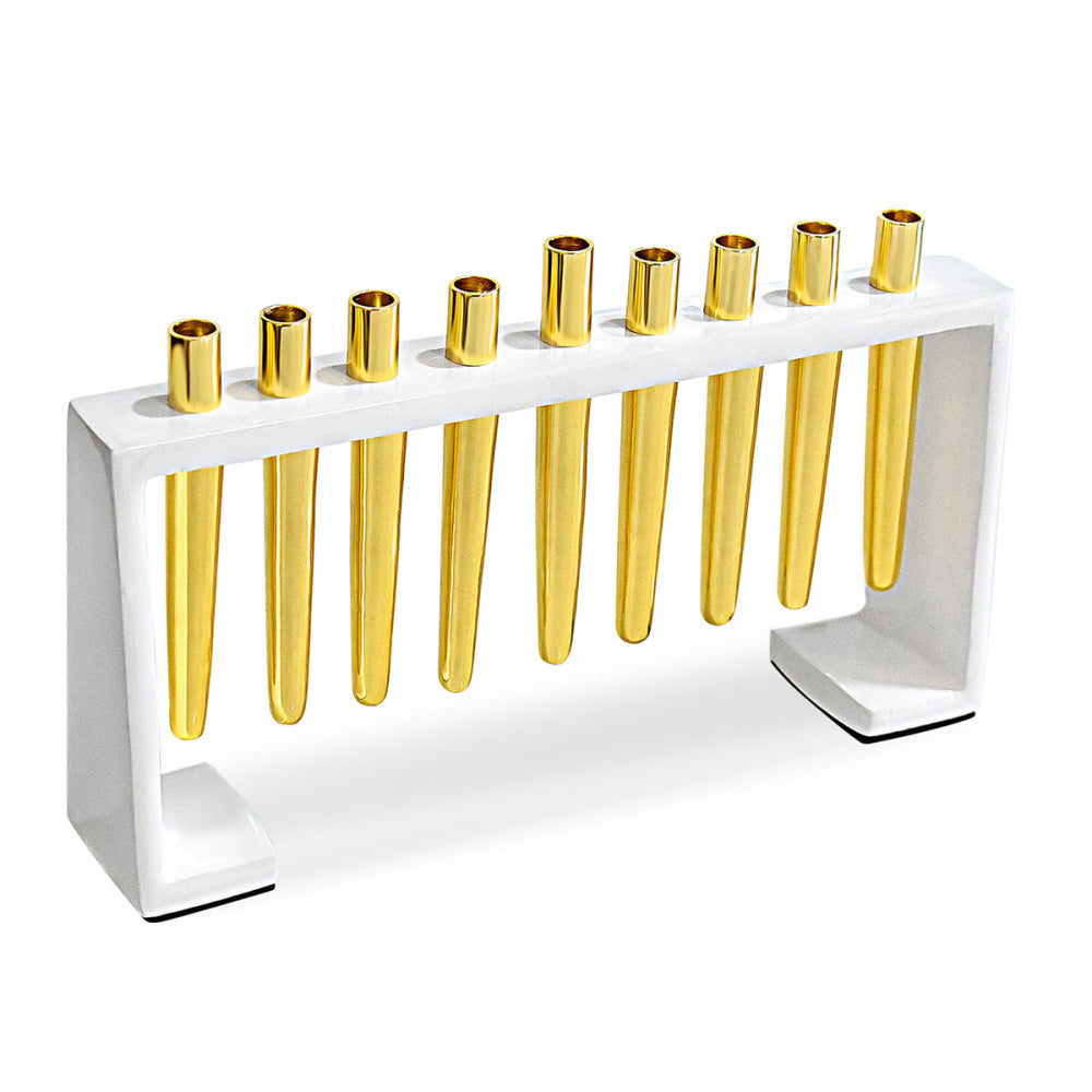 White Enamel Shiny Brass Flutes Menorah