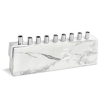 Menorah en aluminium avec décalcomanie en marbre - blanc et argent