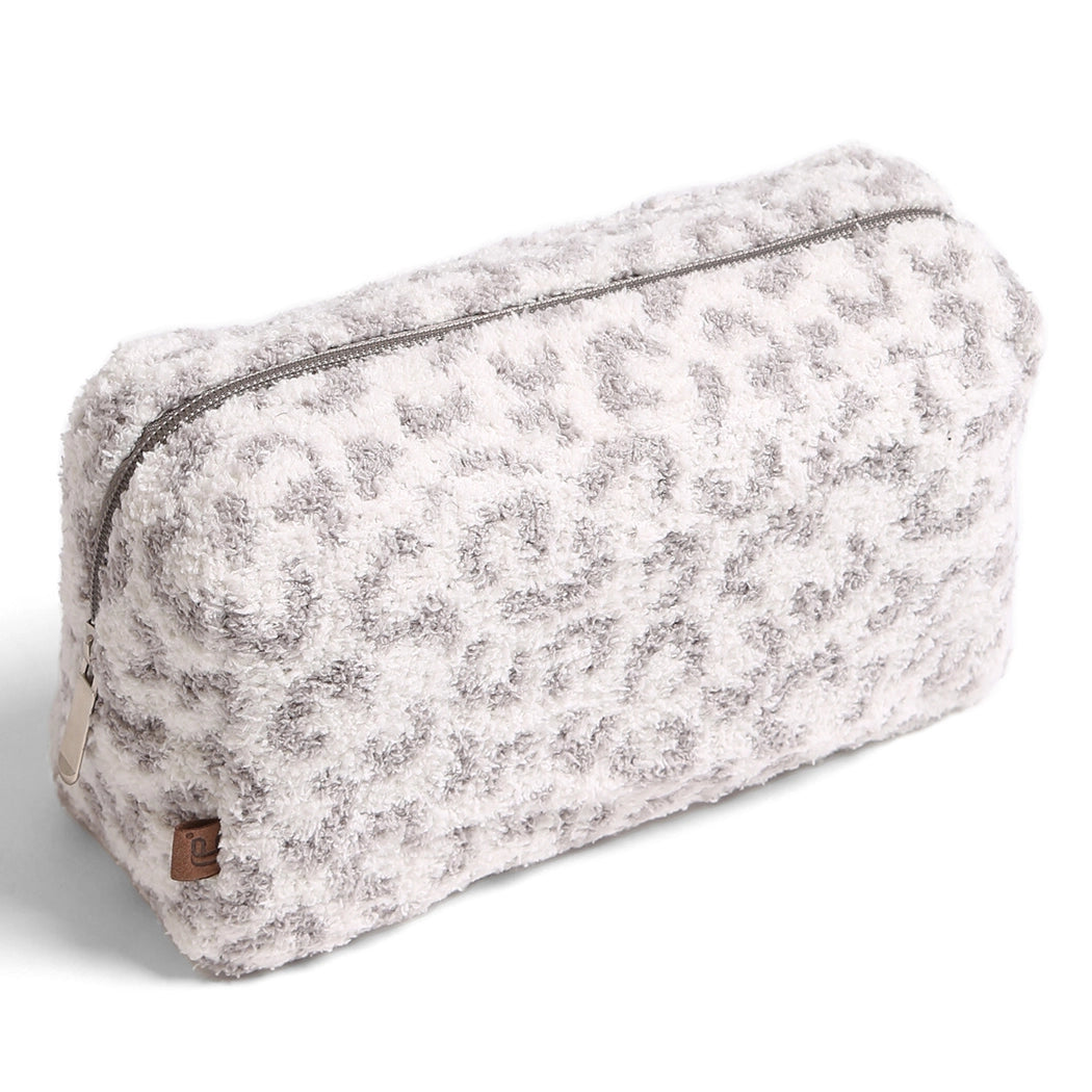 Large Leopard Print Luxury Soft Travel Pouch Grey