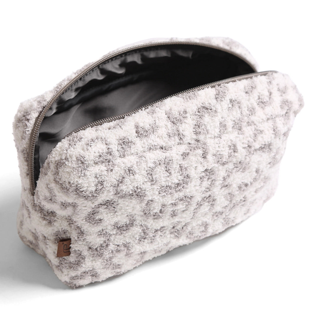 Large Leopard Print Luxury Soft Travel Pouch Grey