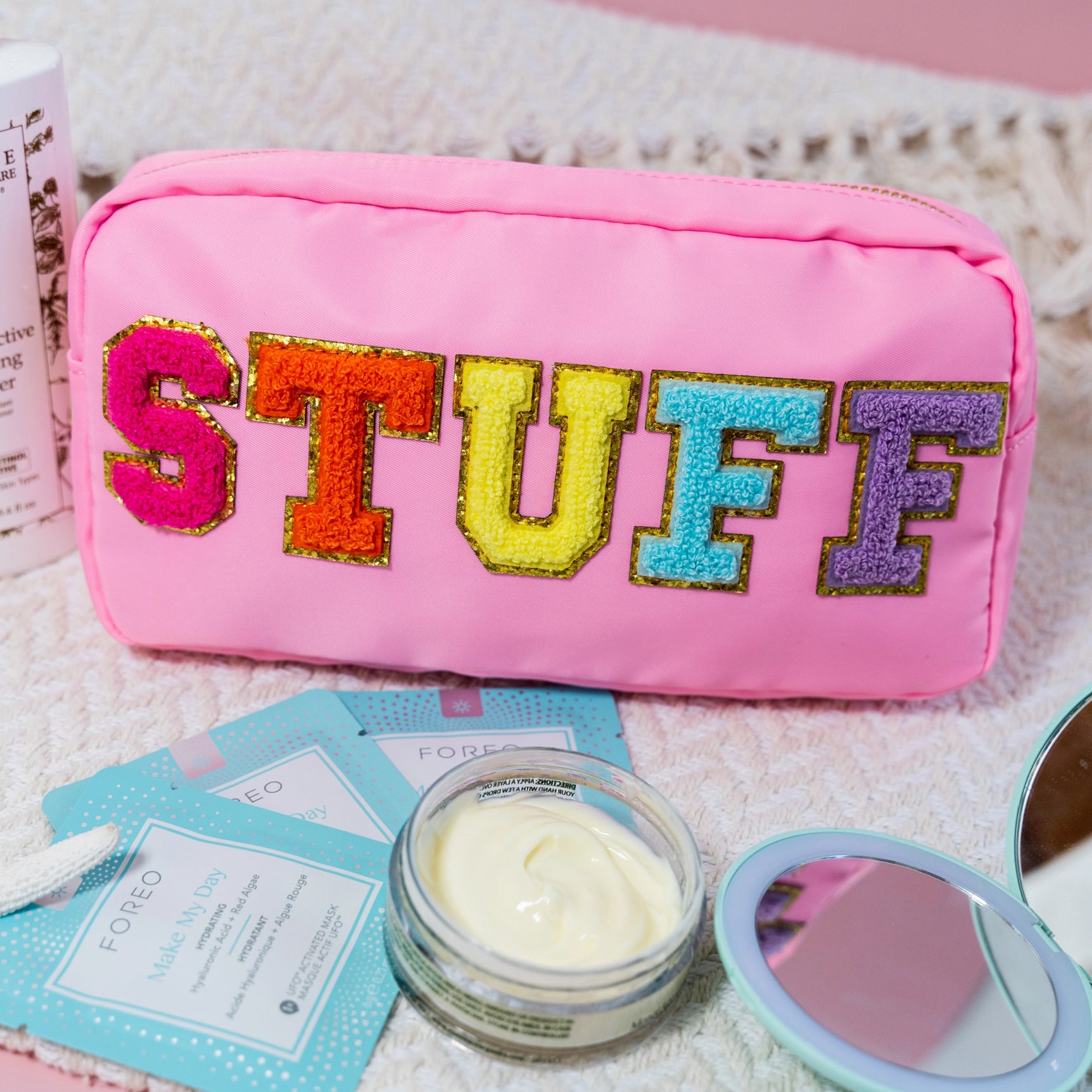 Preppy Nylon Chenille “Stuff” Travel Makeup Pouch