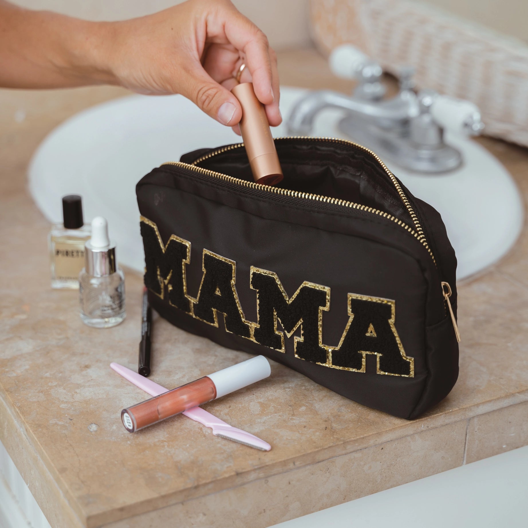 Preppy Nylon Chenille “Mama” Travel Makeup Pouch