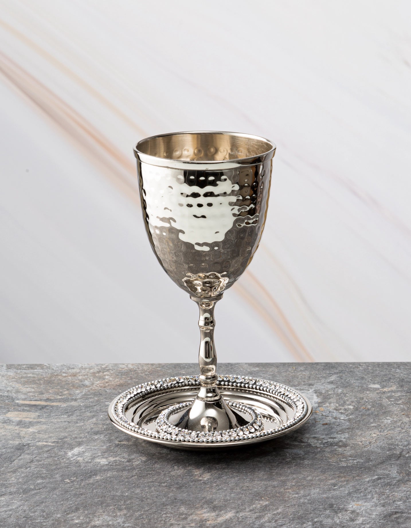 Stainless steel rhinestone kiddish cup on tray