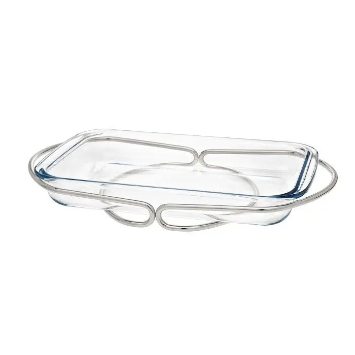 Glass baking dish with nickel infinity handles