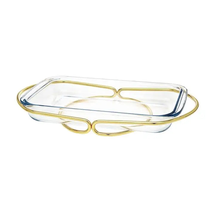 Glass baking dish with gold infinity handles
