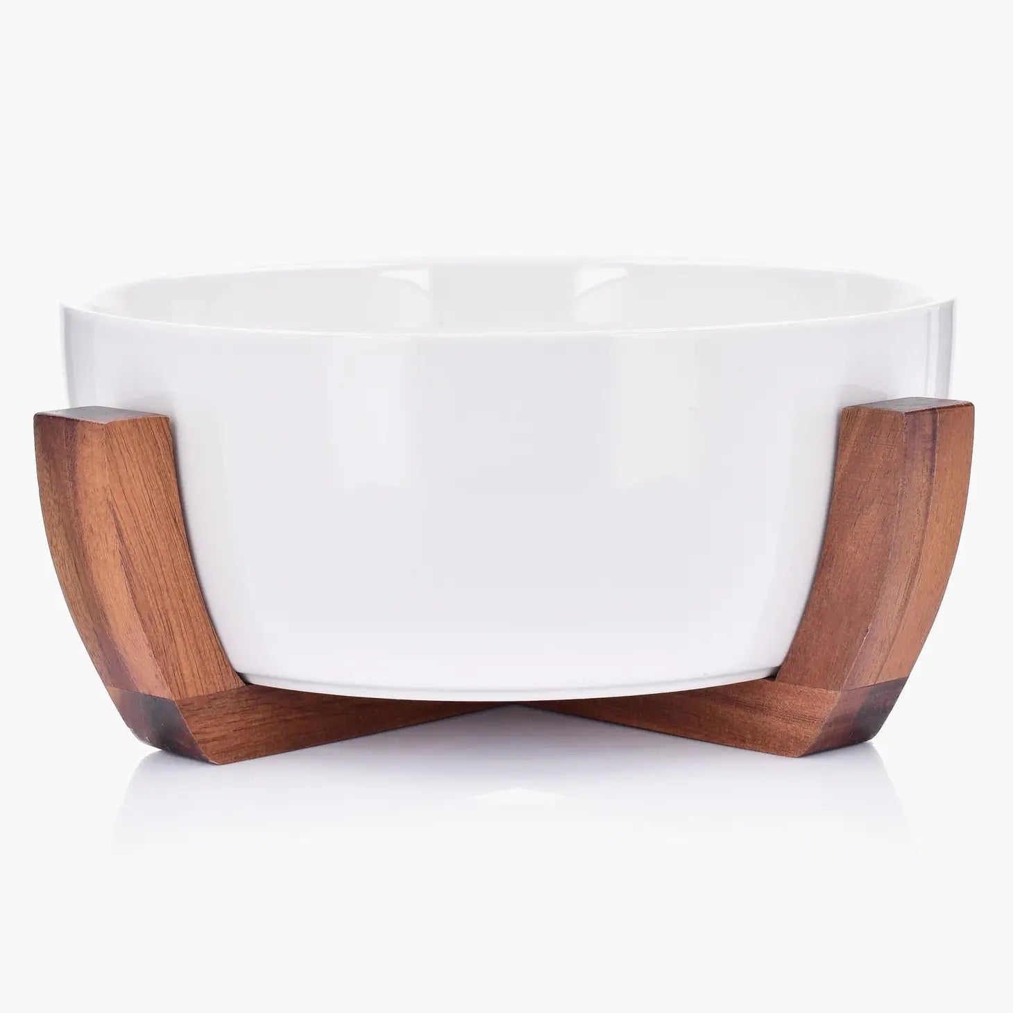 White Porcelain Salad Bowl with Wood Base