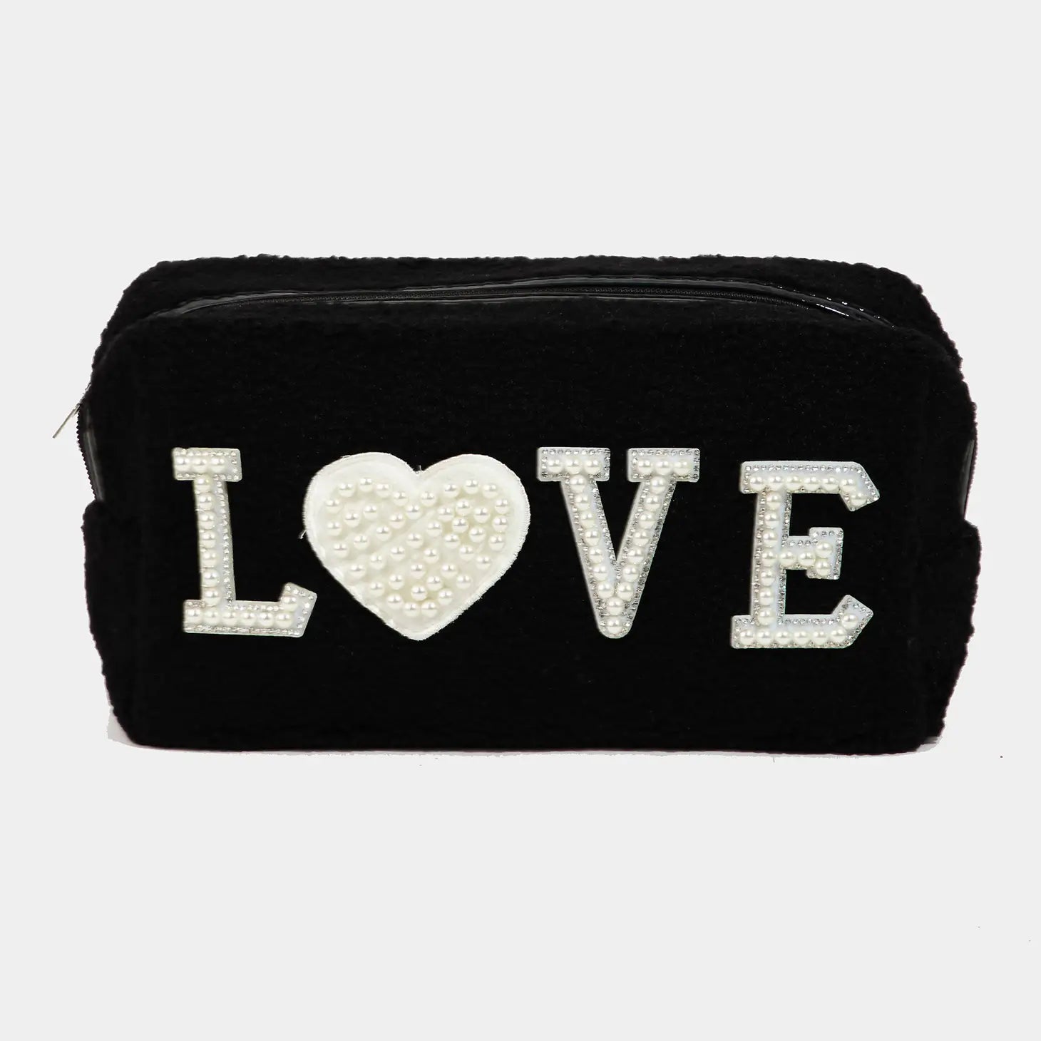 Pearly Studded Love Sherpa Pouch, Black