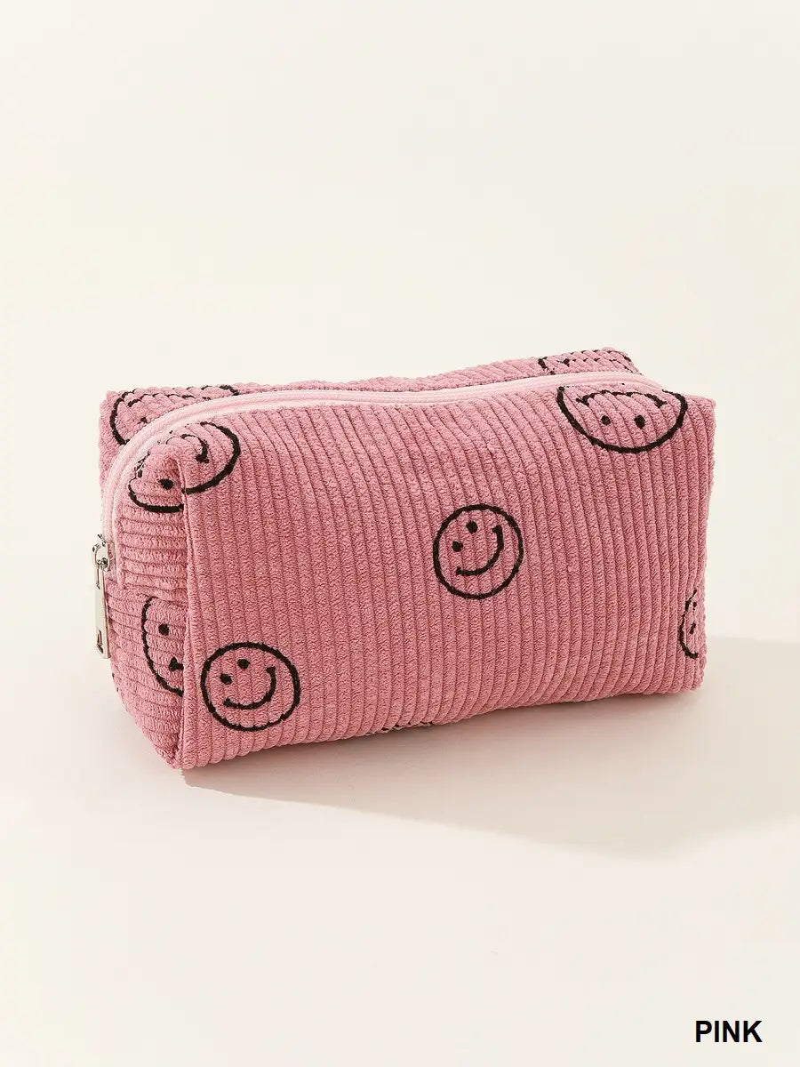 Printed Smiley Face Corduroy Pouch | Blush