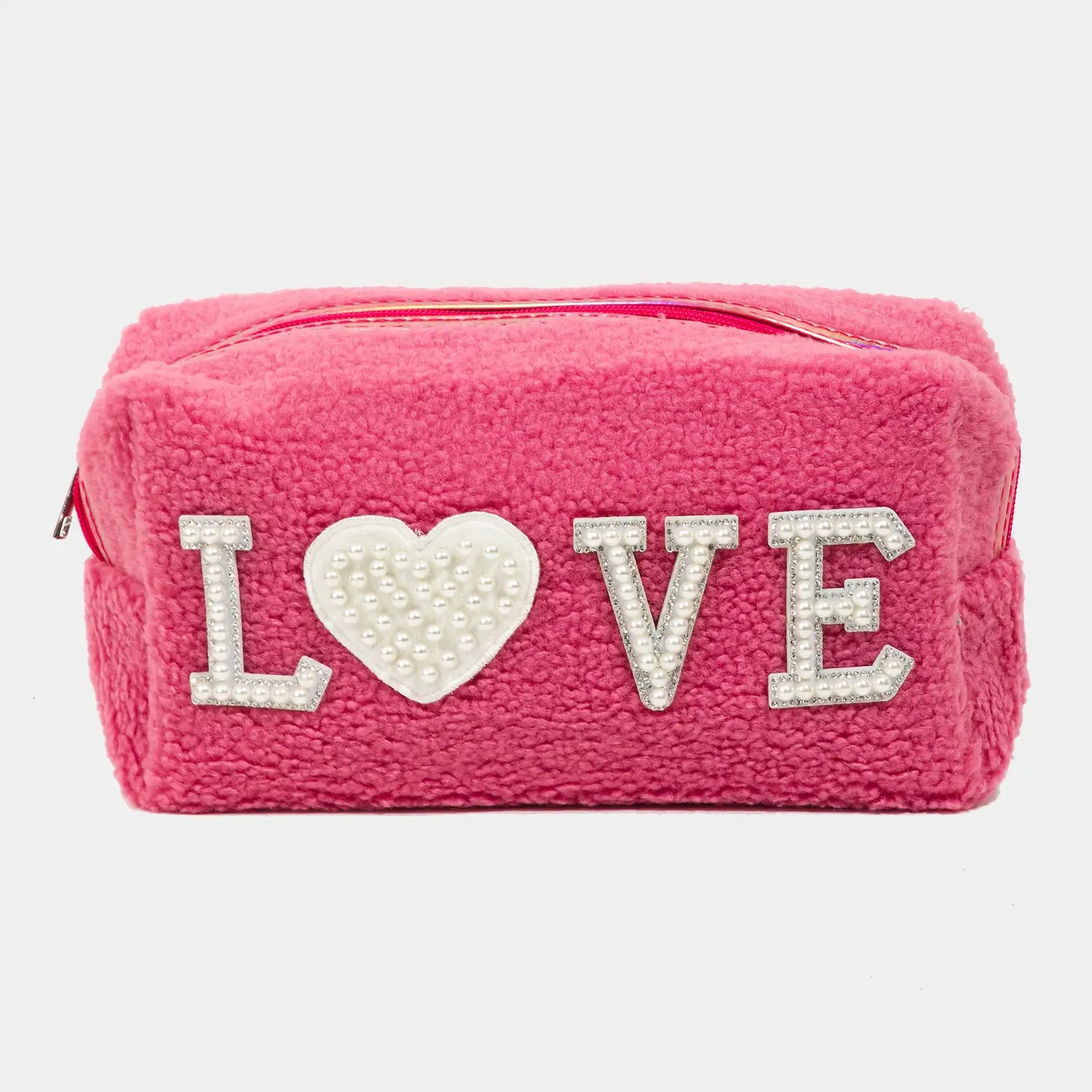 Pearly Studded Love Sherpa Pouch, Pink