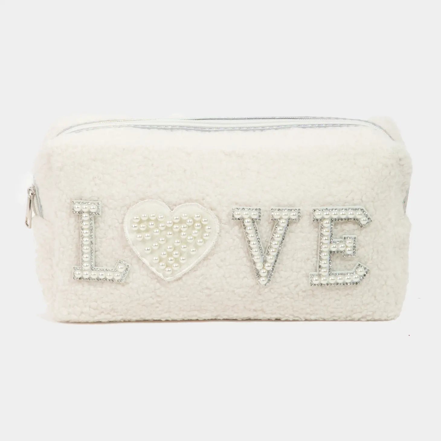 Pearly Studded Love Sherpa Pouch, Ivory