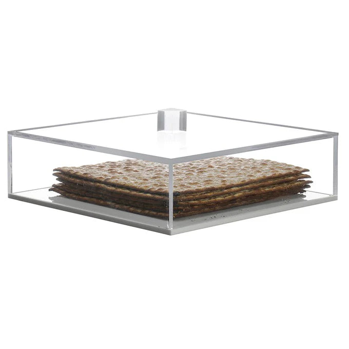 clear lucite square matzah box with white base