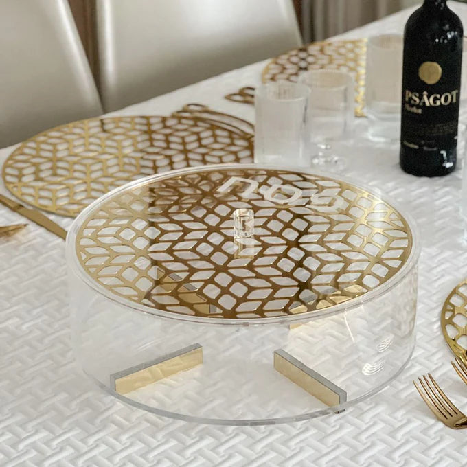 lucite lasercut round matzah box - gold