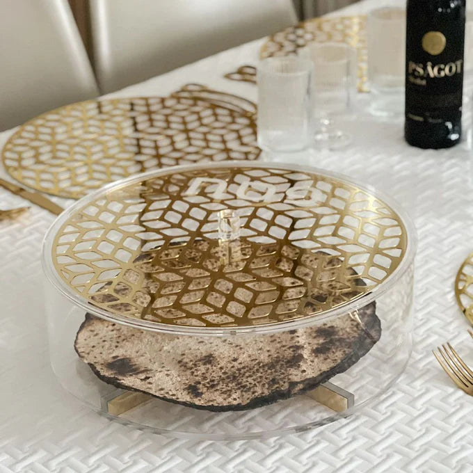 lucite lasercut round matzah box - gold
