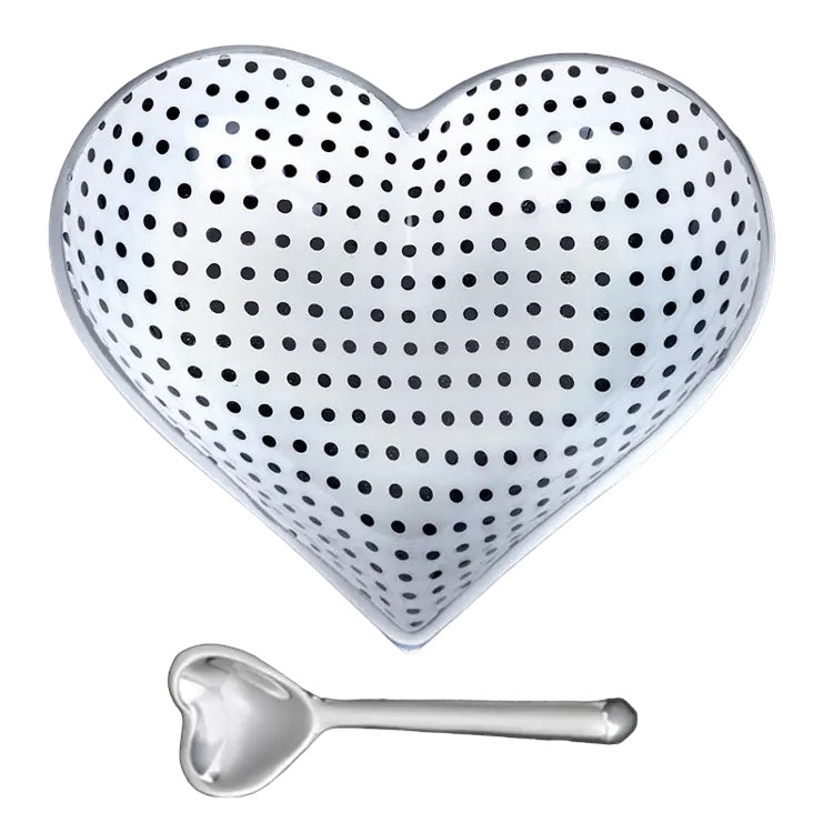 Heart BOWL W/ Heart Spoon -WHITE/BLACK DOTS