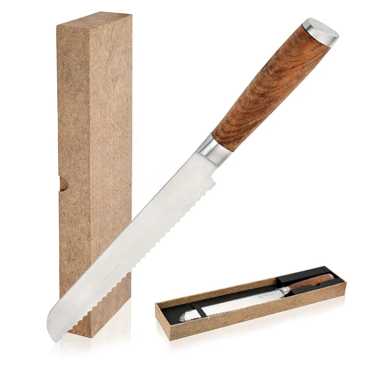 Serrated Blade Eight Inch Bread Knife with Sandalwood Handle