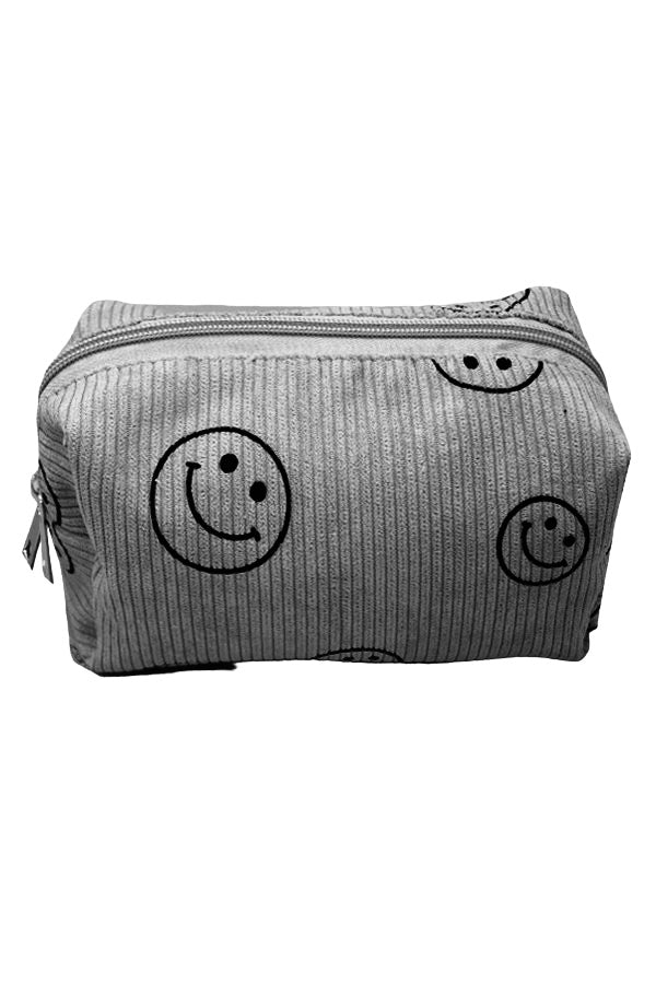 Printed Smiley Face Corduroy Pouch | Grey
