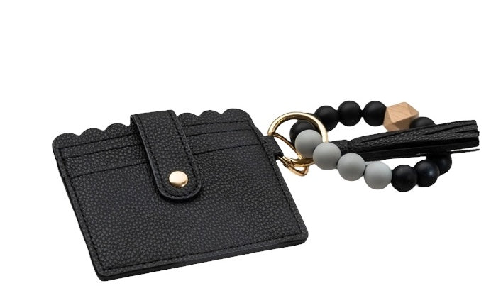 Scalloped Leather Keychain Wallet with Wristlet Bangle Bracelet, Black