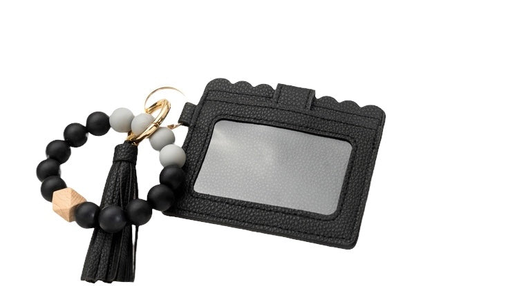 Scalloped Leather Keychain Wallet with Wristlet Bangle Bracelet, Black