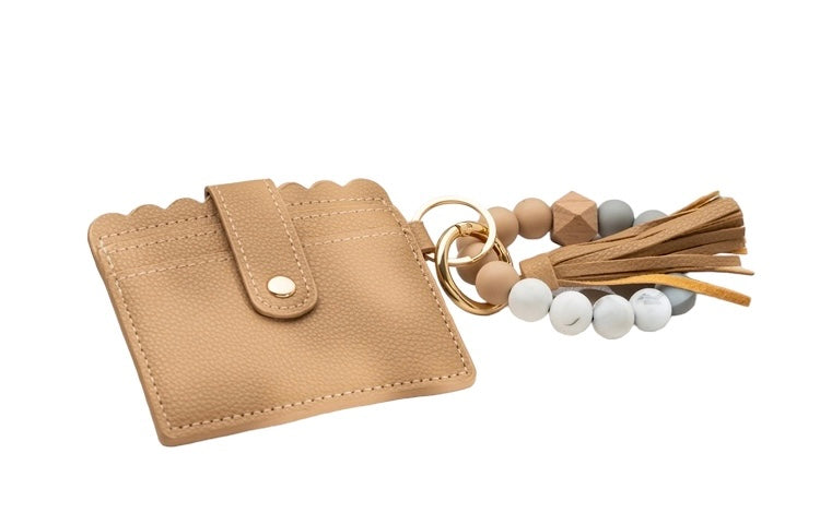 Scalloped Leather Keychain Wallet with Wristlet Bangle Bracelet, Caramel
