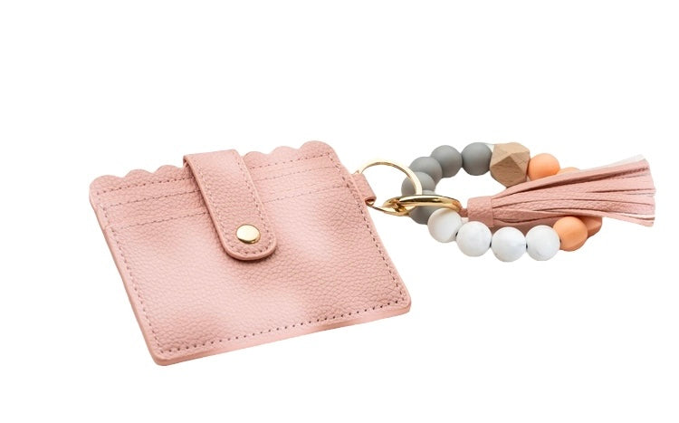 Scalloped Pink Leather Keychain Wallet with Wristlet Bangle Bracelet