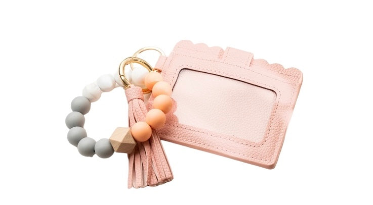 Scalloped Pink Leather Keychain Wallet with Wristlet Bangle Bracelet