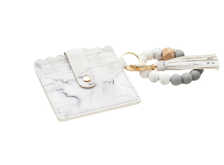 Scalloped Leather Keychain Wallet with Wristlet Bangle Bracelet, White Marble