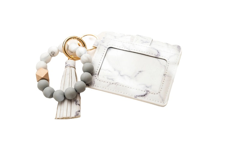 Scalloped Leather Keychain Wallet with Wristlet Bangle Bracelet, White Marble