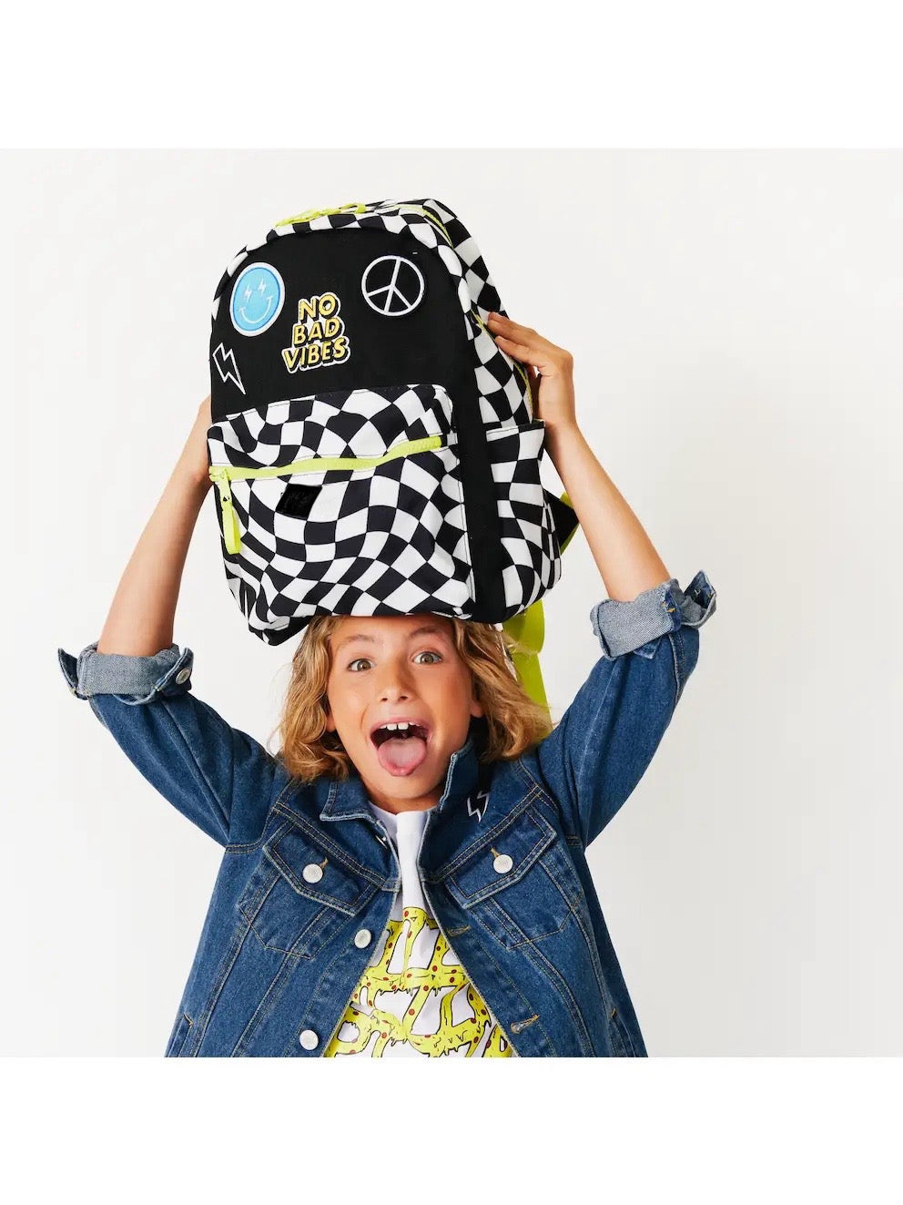 Checkered Kids Backpack with patches