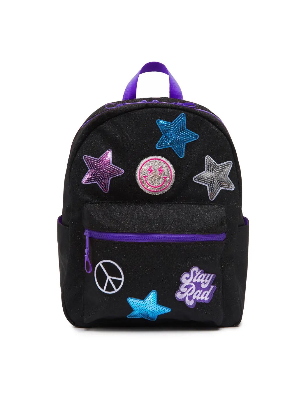 Black Glitter Kids Backpack with patches