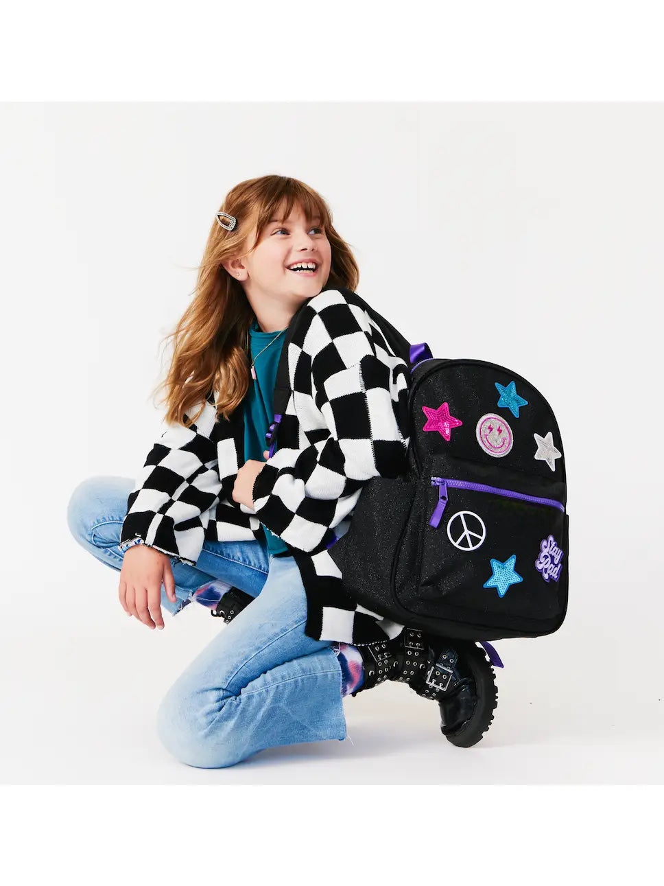 Black Glitter Kids Backpack with patches