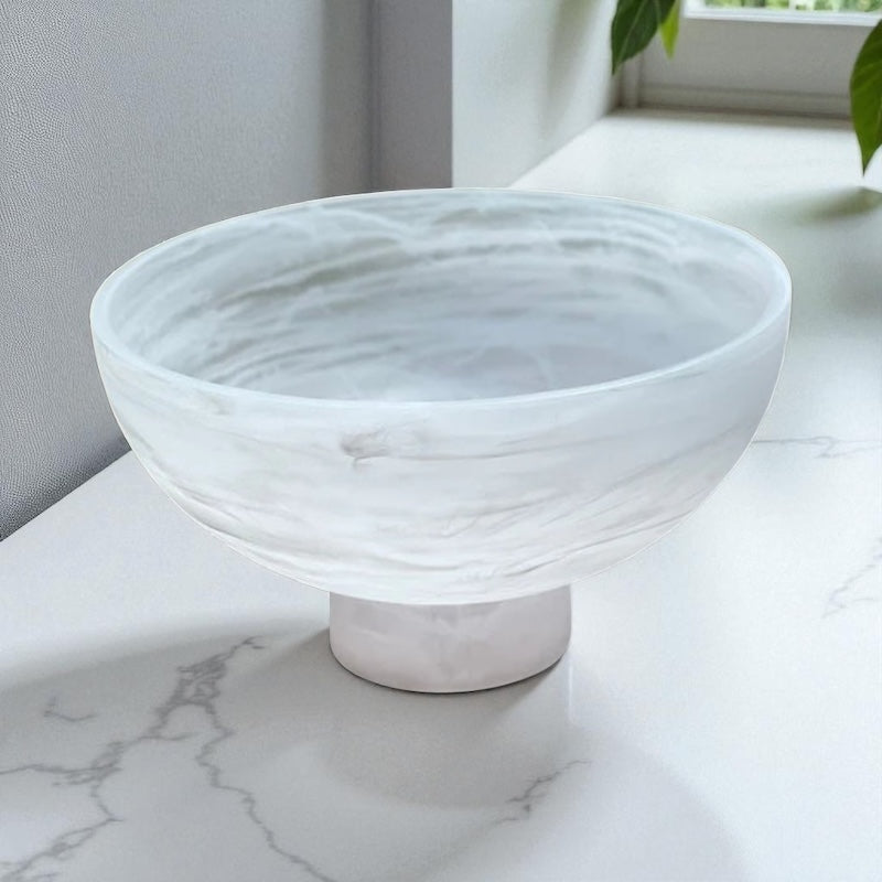 Resin white swirl salad bowl on pedestal