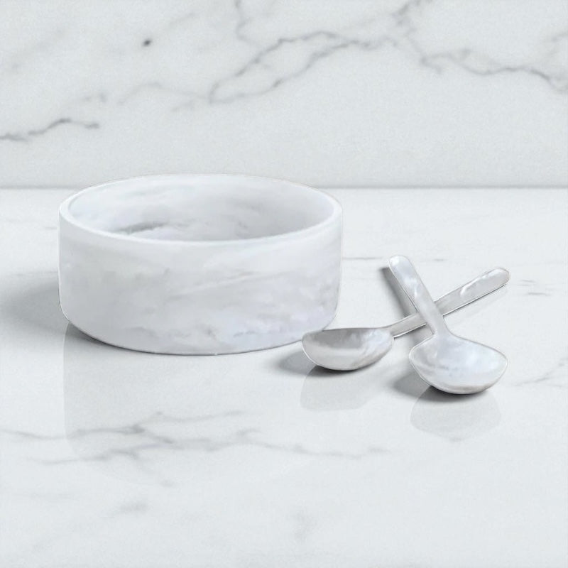 Resin white swirl salad bowl and servers set