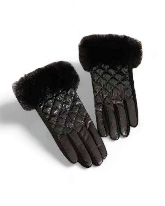 Faux fur trim Shiny bubble black Gloves
