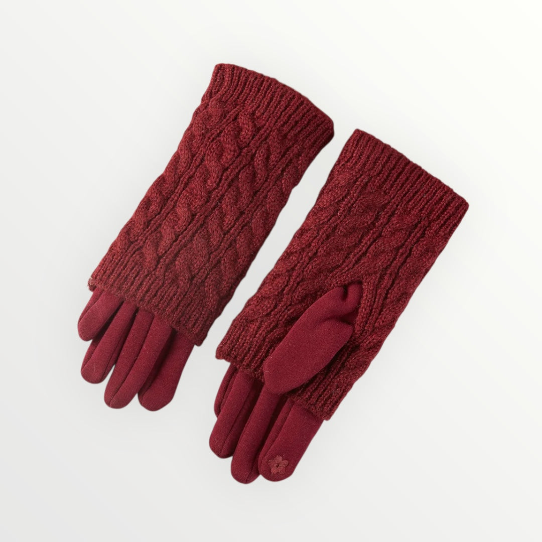 3 in 1 Cable Knit Textured Winter Gloves - burgundy