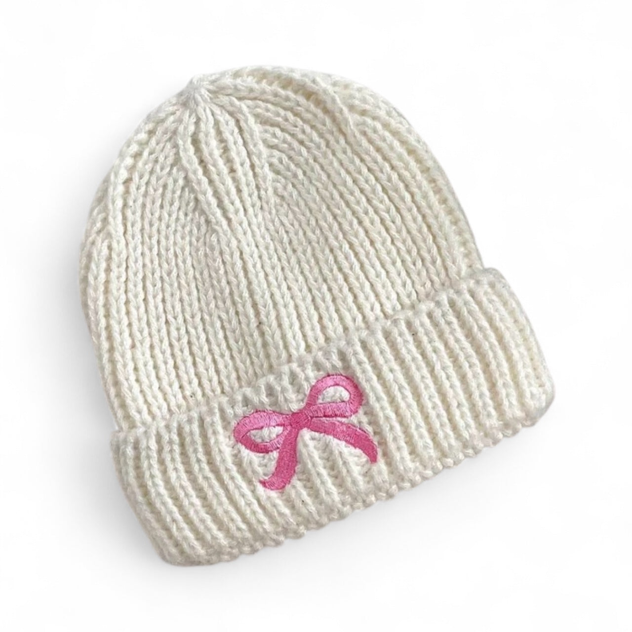 Bow embroidered knitted beanie - white